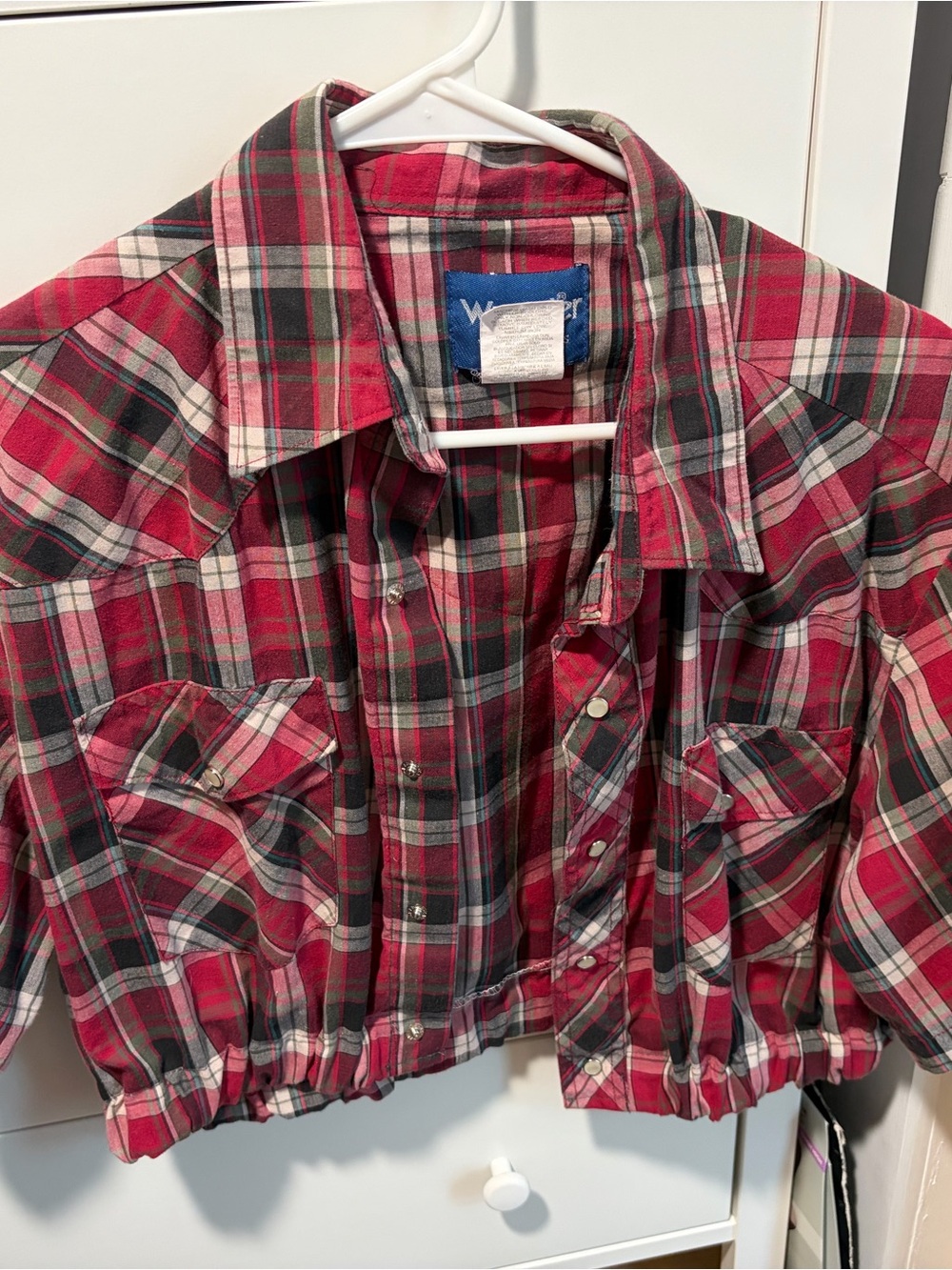 Cropped Wrangler Red Black White Plaid Western Shirt